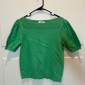 LOFT Women Green Short Sleeve Boat Neck Knit Top Size L Career Garden Cottage